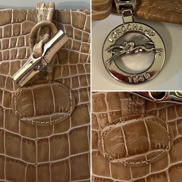 Longchamp Croc Embossed Leather Shoulder Bag Beige Tan Bamboo Chain Vintage Y2K - Picture 2 of 9